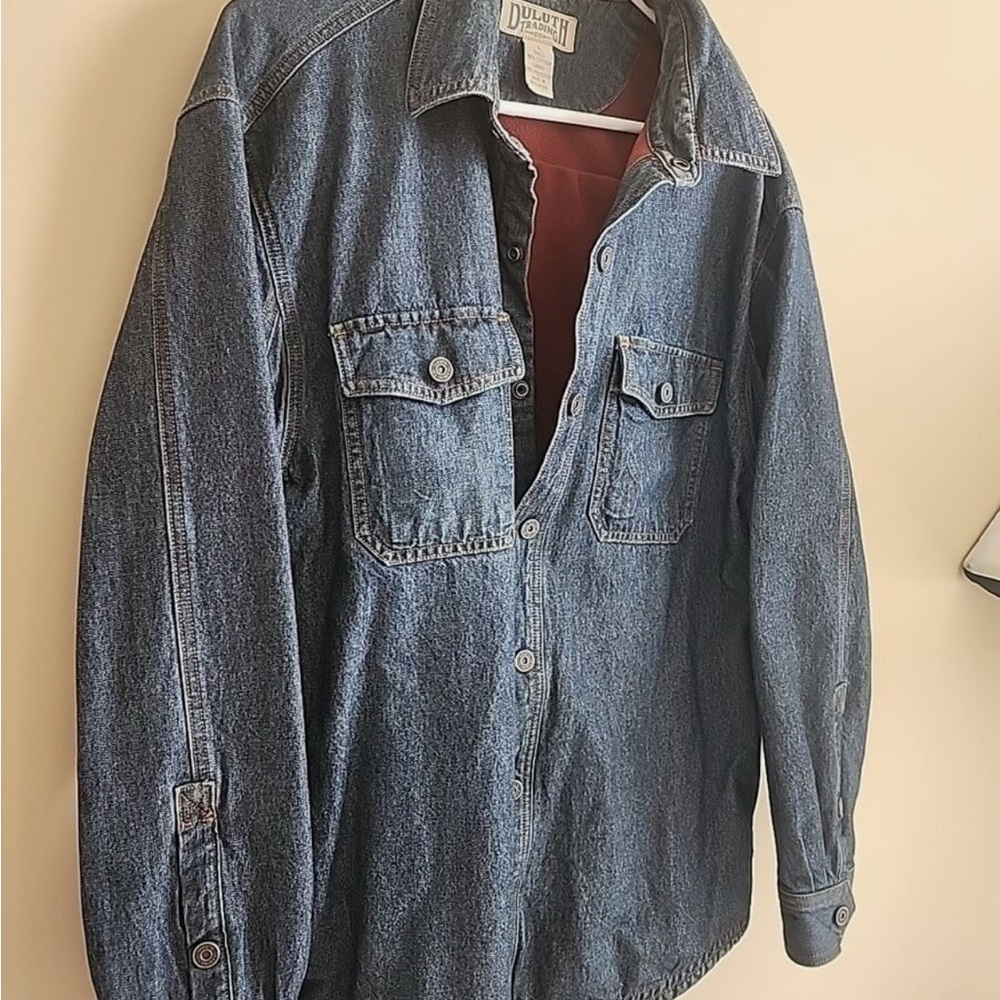 Duluth Trading Co. Chore Jacket Mens L Blue Denim Button Up Fleece Lined - Picture 2 of 7